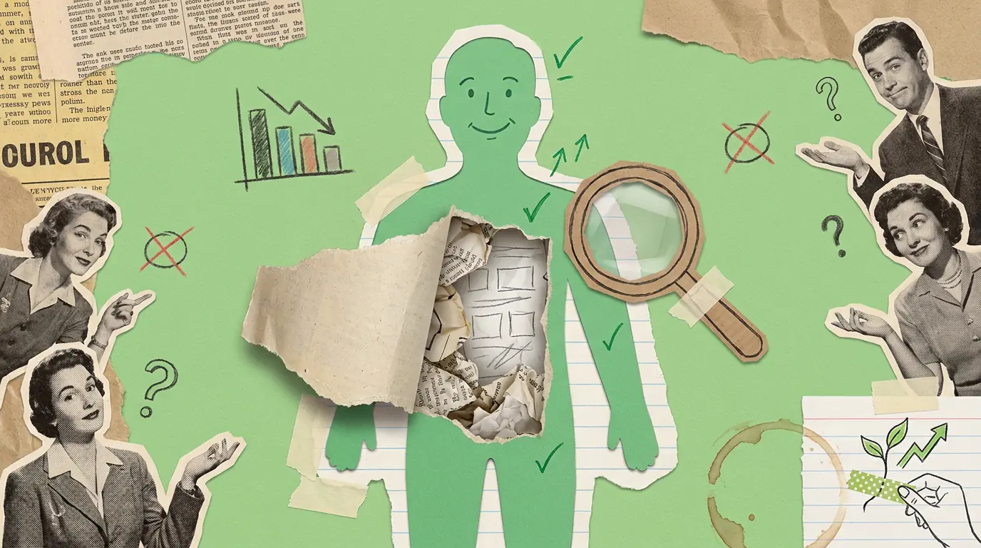 A paper collage on a green background. A cut-out figure of a person has a flap torn open across the chest, showing crumpled newspaper inside where something solid should be. A paper magnifying glass hovers to one side, and cut-out figures around the edges shrug and raise their eyebrows.