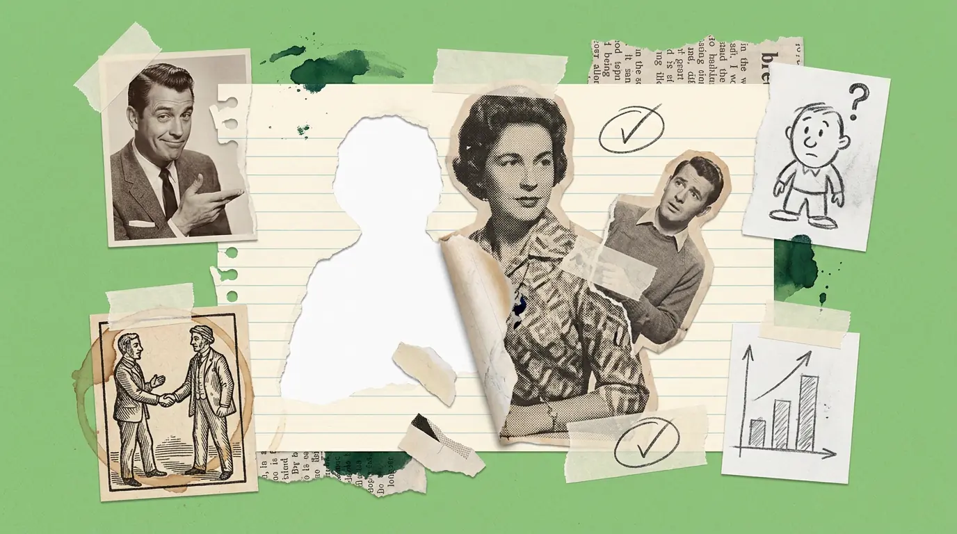 A paper collage on a green background. A person-shaped hole is torn out of a sheet of lined paper, and beside it a cut-out figure peels away from the page carrying another cut-out with her. Around the edges are an engraving of two men shaking hands, a cartoon figure drawn in pen with a question mark over it, and ticks in green ink.