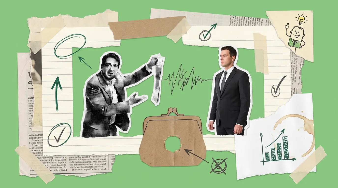 A paper collage on a green background. A cut-out figure holds out a thin torn strip of paper towards an unmoved figure in a dark suit, with a flat pen line running between them like a pulse that has stopped. Below sits a kraft paper purse with a single round hole punched through it.
