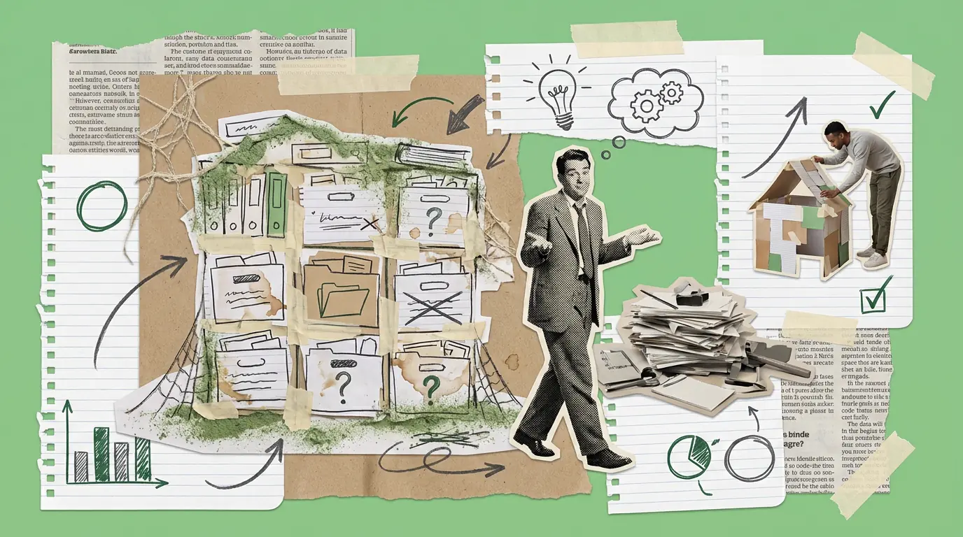 A paper collage on a green background. A tall cabinet built from taped-together paper folders is covered in green dust, moss and cobwebs. A cut-out figure walks straight past it with his hands spread, while to one side another figure builds something new out of cardboard.