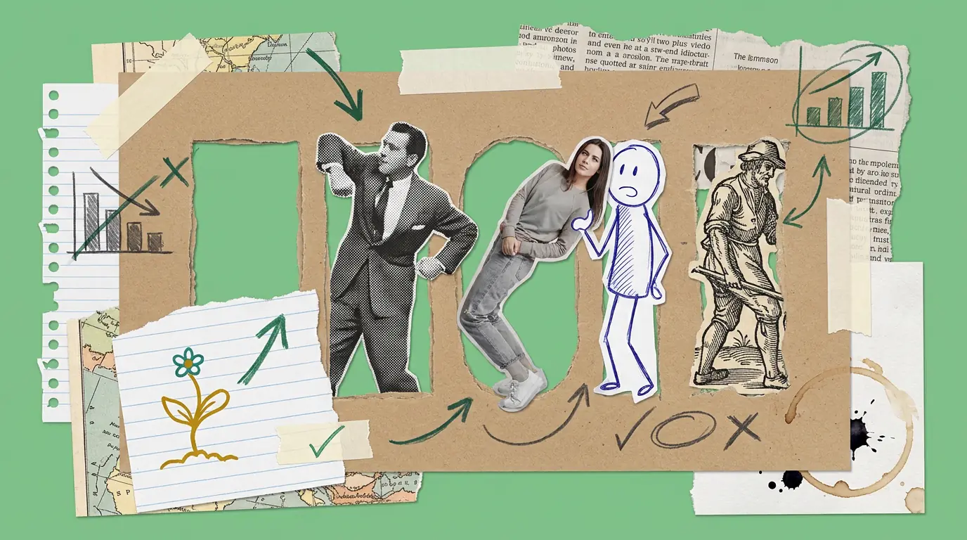 A paper collage on a green background. A rigid cardboard template with rectangular slots cut into it is laid over four figures of completely different kinds: a vintage halftone businessman, a photograph of a young woman in jeans, a stick figure drawn in biro, and a woodcut of a labourer. None of them fits the slot they are standing in.